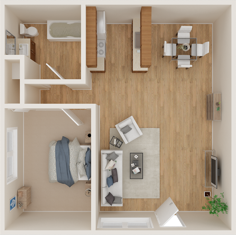 Floor plan for 1 bed, 1 bath, 464 sqft